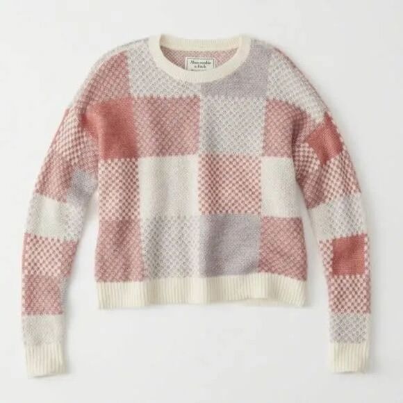 Abercrombie & Fitch Plaid Crew Mohair Blend Sweater Mauve/Grey/Cream size Small - Picture 3 of 10